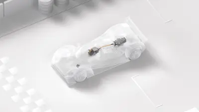 Computergenerietes Bild eines transparenten LMDh-Prototyps, in dem alle Komponenten des Hybridsystems lokalisiert sind.